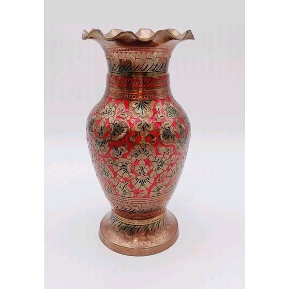 Vintage Etched Brass Vase Ornate Engraved Brass India Red Detail 8.5in - Picture 1 of 8